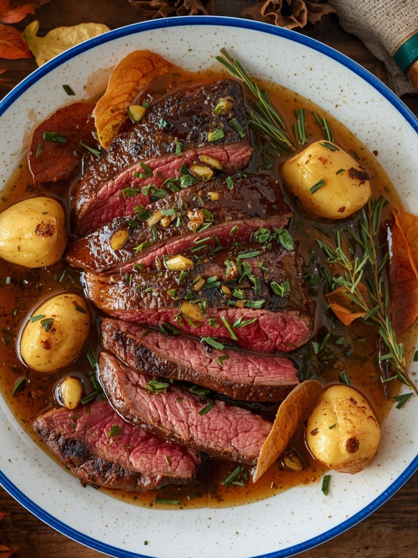 Garlic & Herb Porterhouse Steaks with Red Wine Reduction