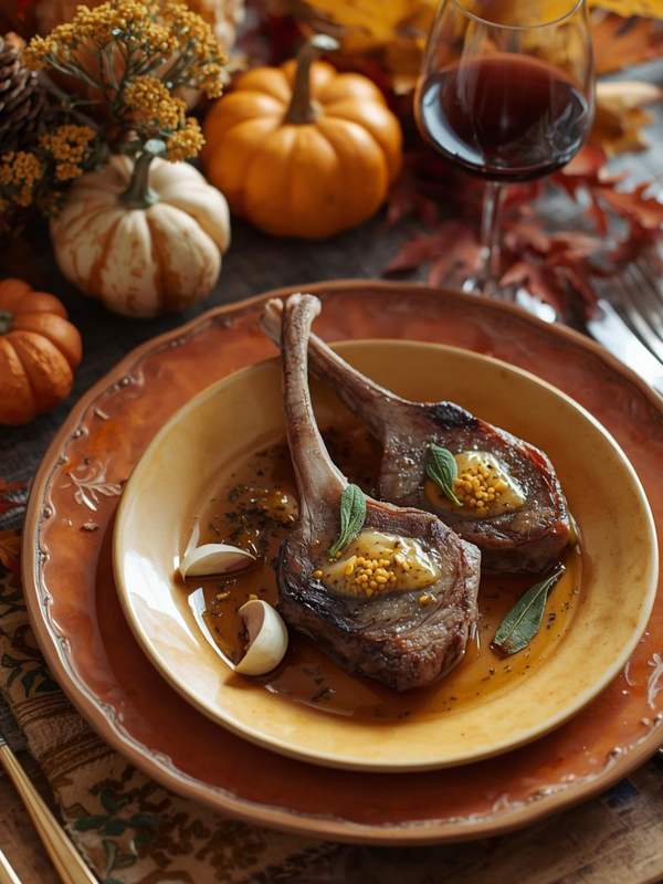 Veal Rack Chops with Sage-Brown Butter and Roasted Garlic.
