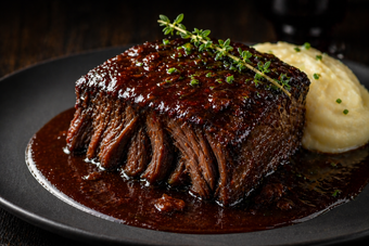 Steak with gravy and mashed potatoes on a dark plate